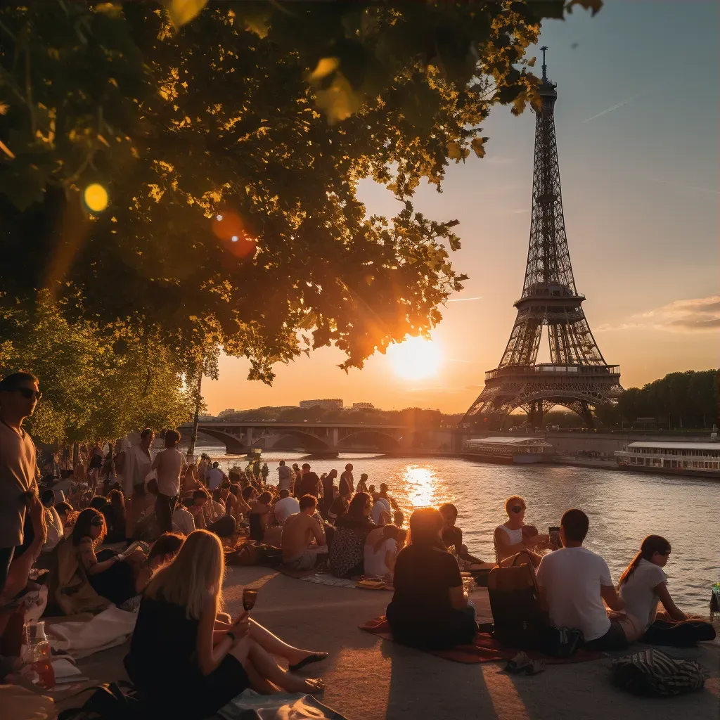 Eiffel Tower at sunset with people having a picnic by the Seine River - Image 3