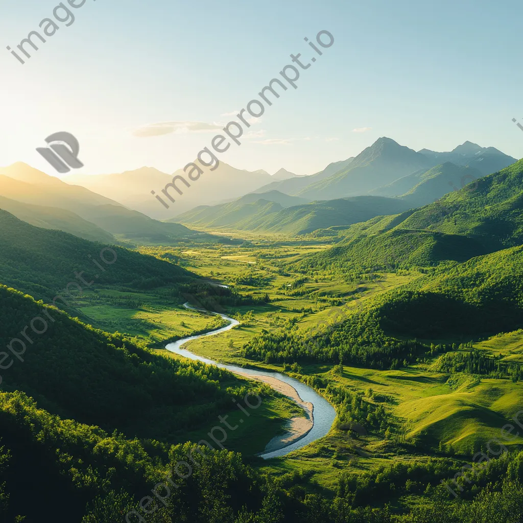 Mountain valley with a winding river and dramatic peaks - Image 1