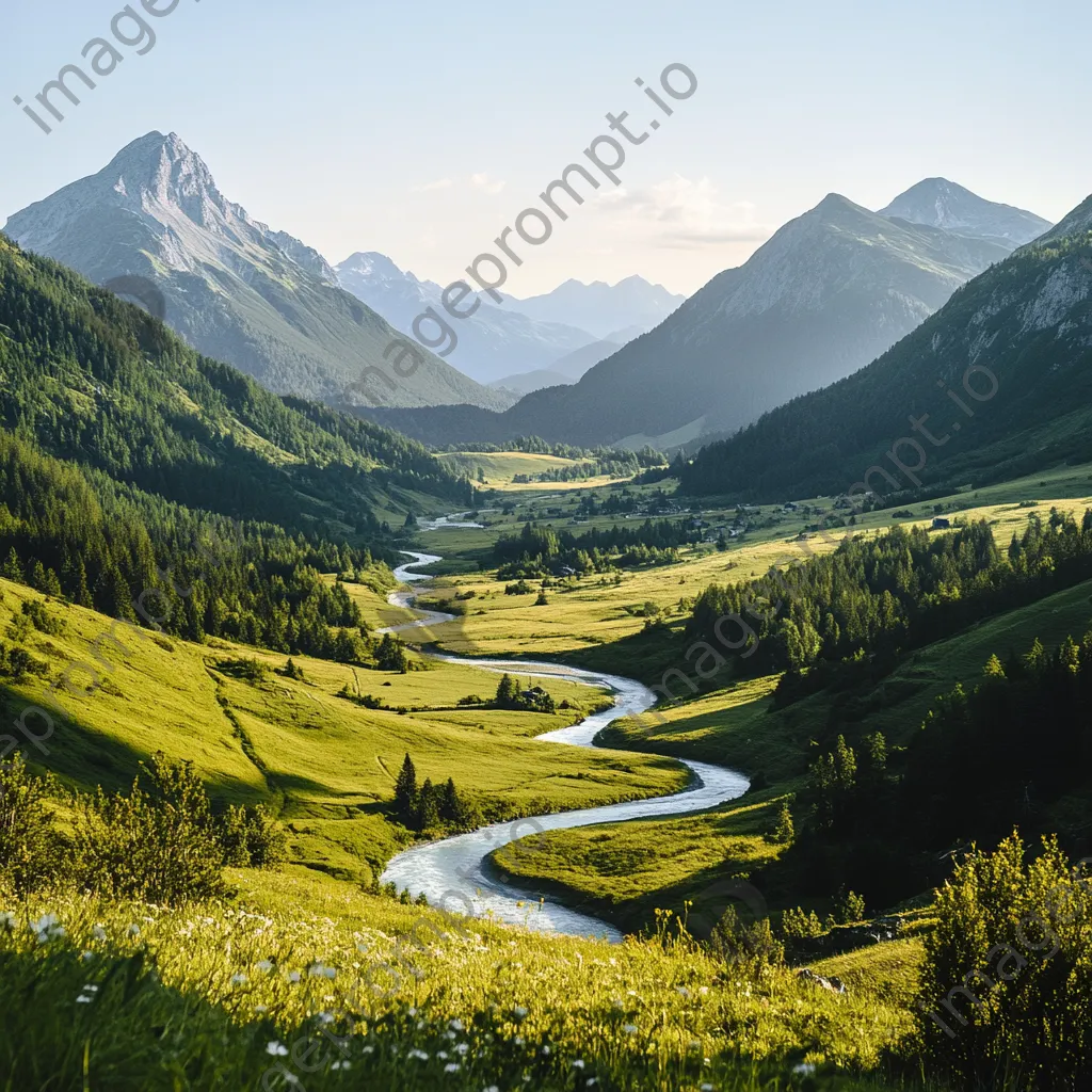 Mountain valley with a winding river and dramatic peaks - Image 3