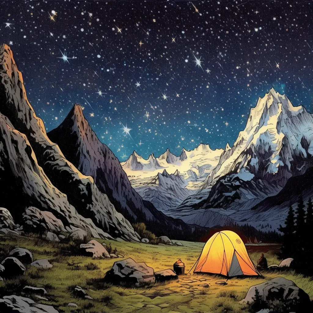 Mountain range under Milky Way with campfire and tent - Image 1