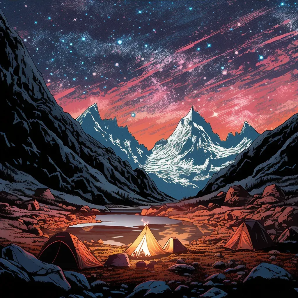 Mountain range under Milky Way with campfire and tent - Image 3