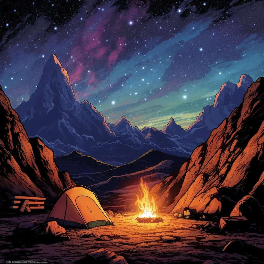 Mountain Range under the Milky Way with Campfire