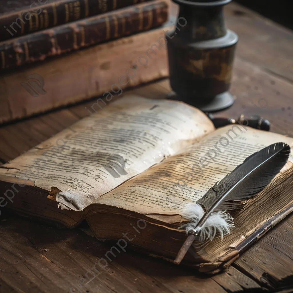 An open book with a quill and ink pot on a wooden table. - Image 1