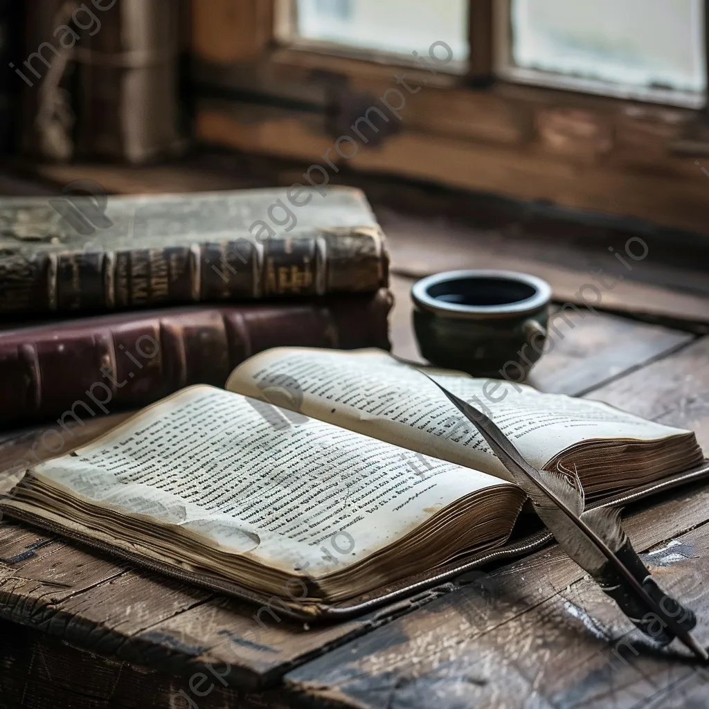 An open book with a quill and ink pot on a wooden table. - Image 2