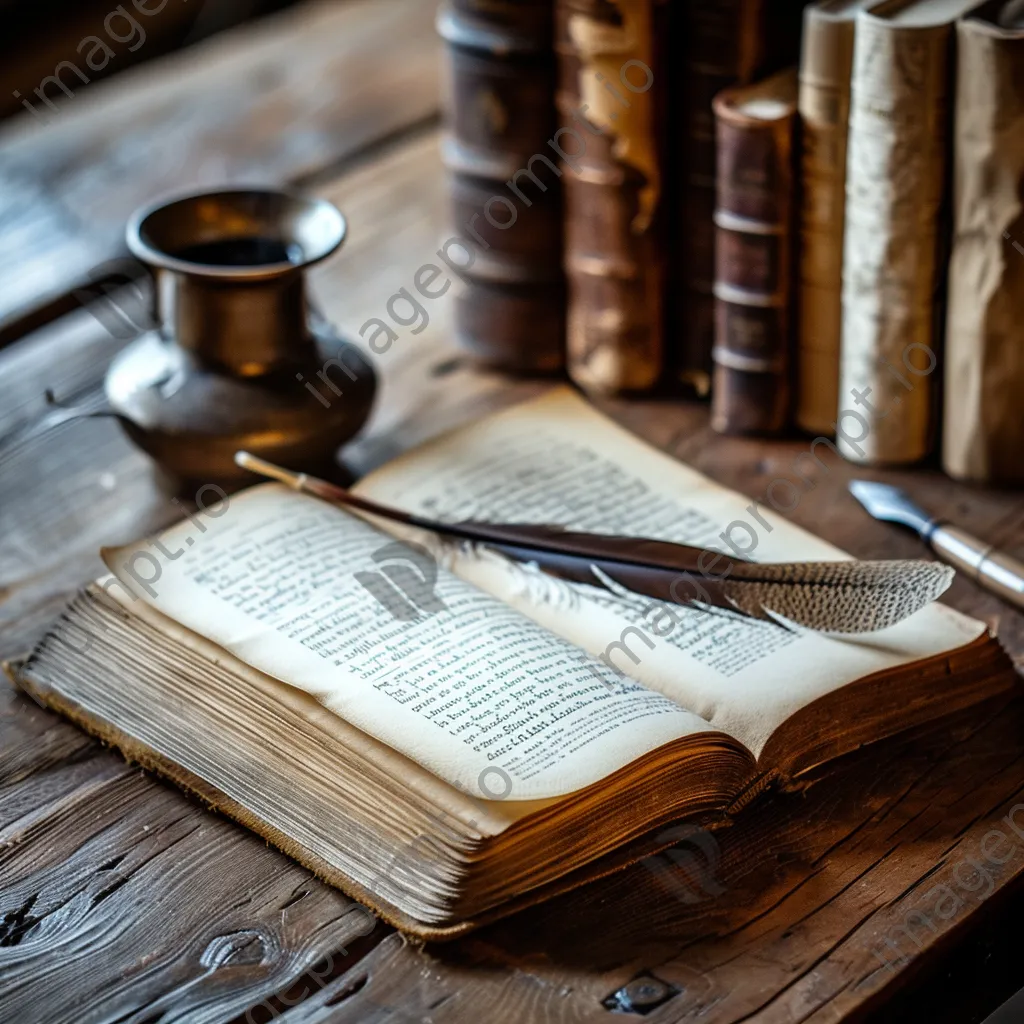 An open book with a quill and ink pot on a wooden table. - Image 3