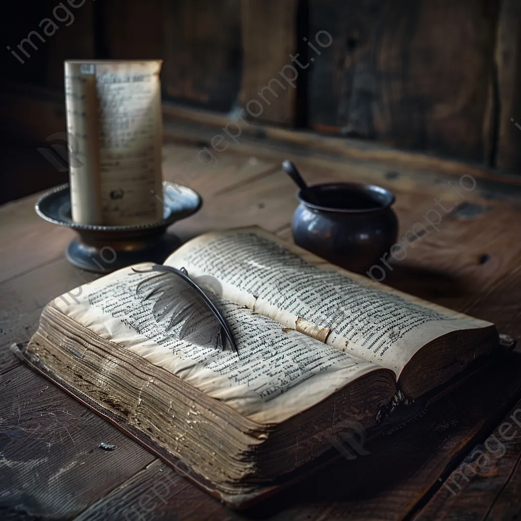 An open book with a quill and ink pot on a wooden table. - Image 4