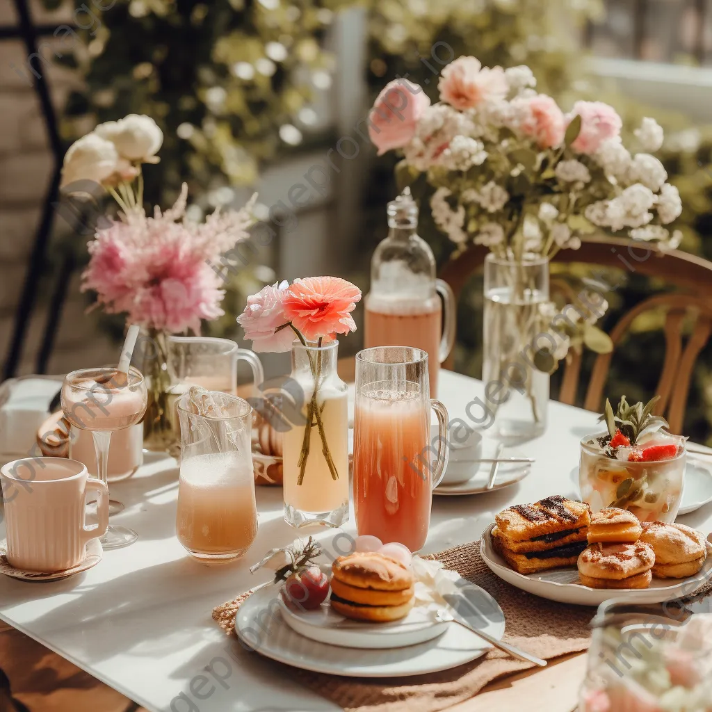 Outdoor brunch setup with various iced coffees and blooming flowers. - Image 1