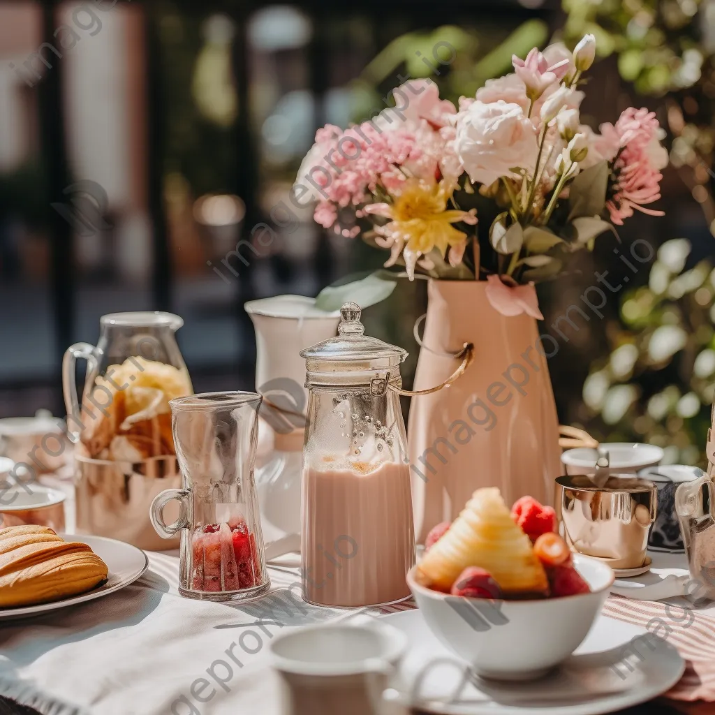 Outdoor brunch setup with various iced coffees and blooming flowers. - Image 2