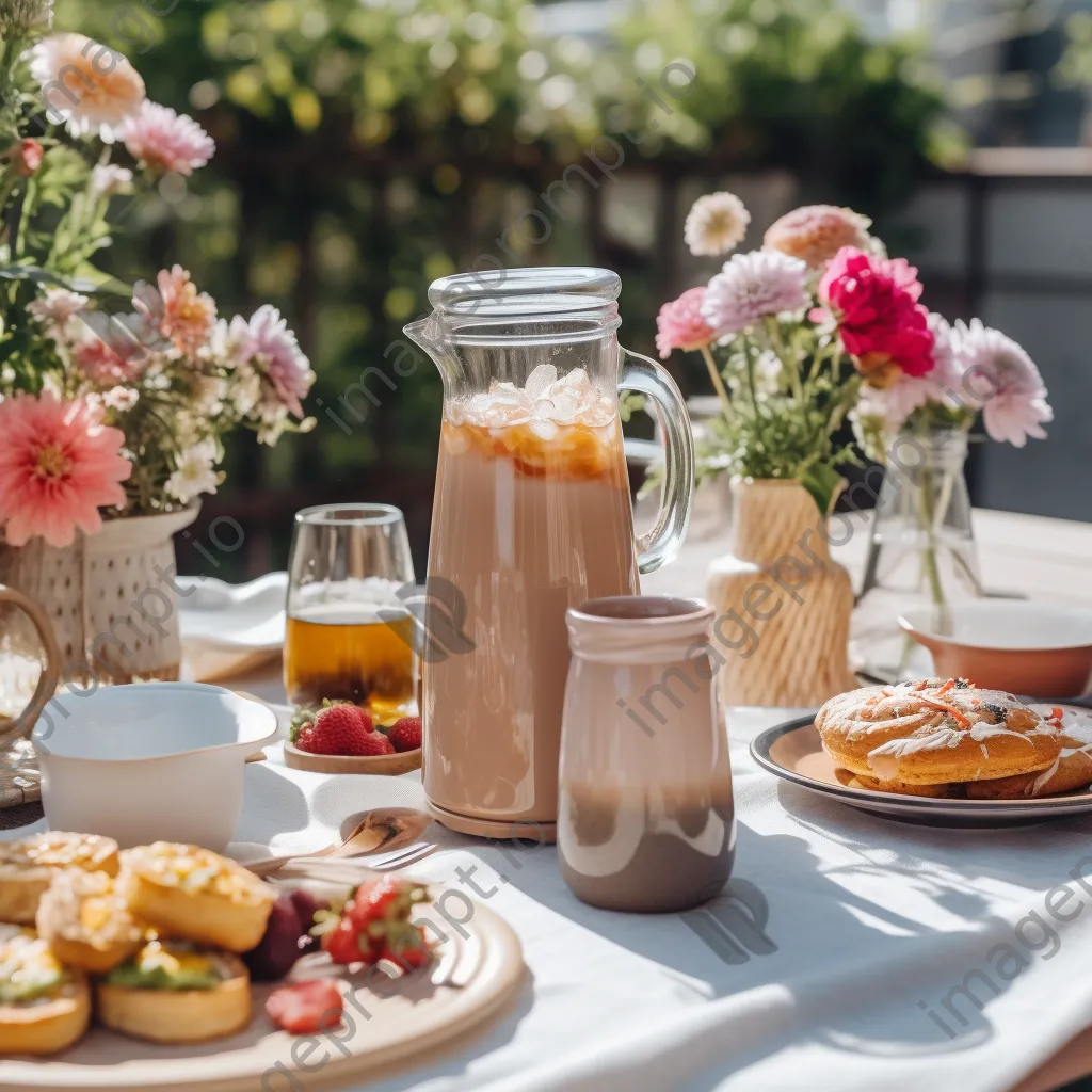 Outdoor brunch setup with various iced coffees and blooming flowers. - Image 3