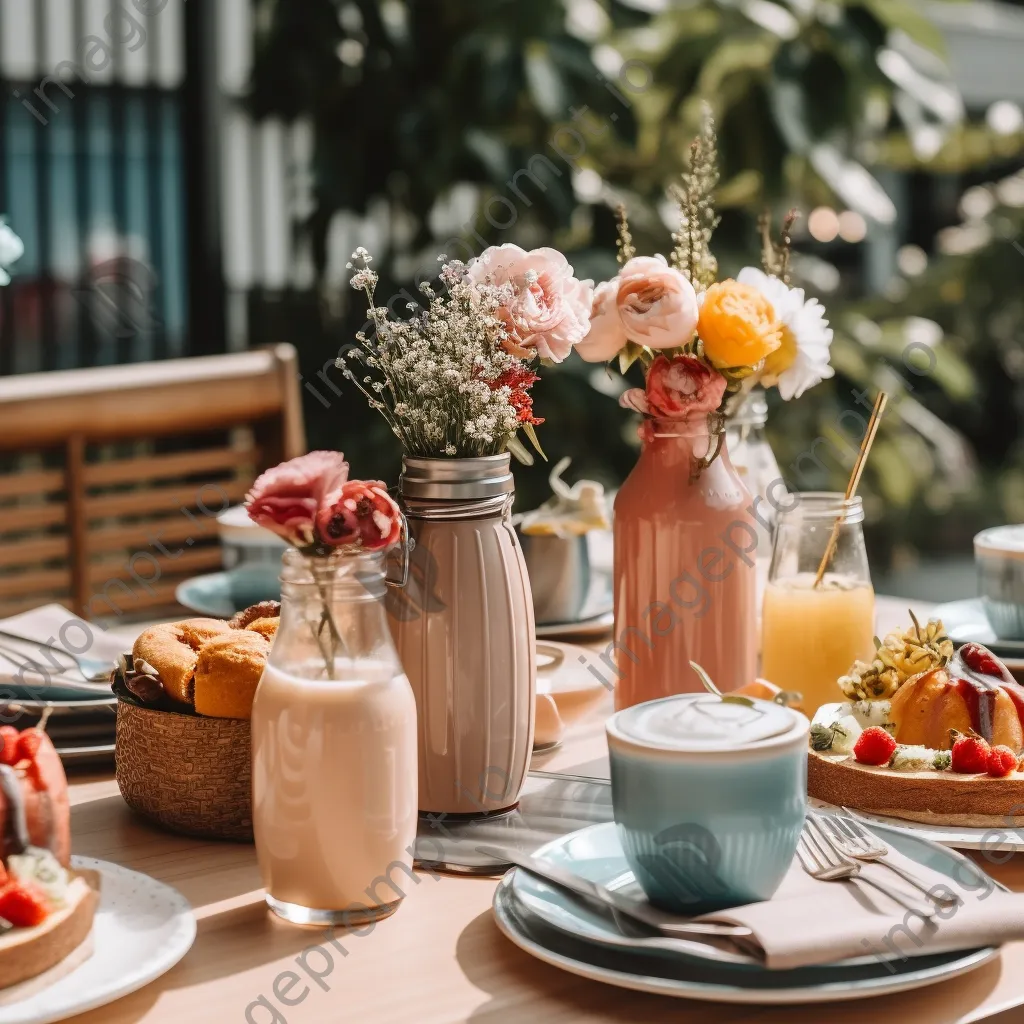 Outdoor brunch setup with various iced coffees and blooming flowers. - Image 4