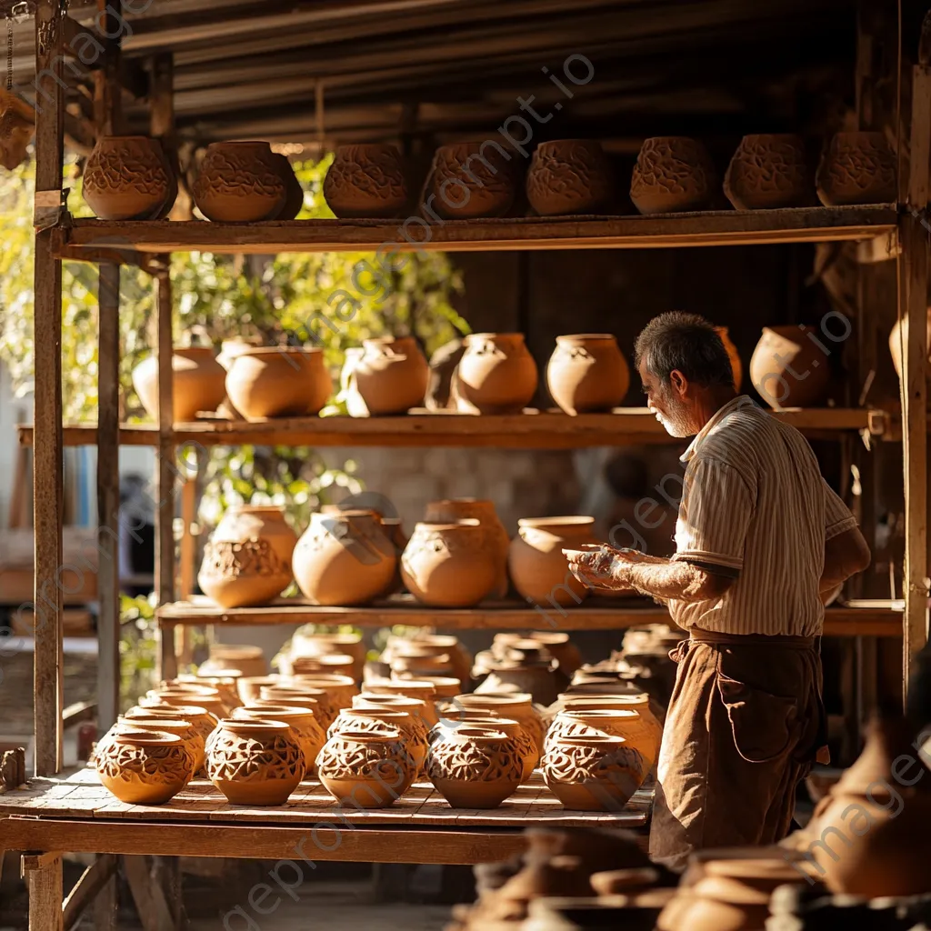 Handcrafted clay pottery drying on wooden racks in an artisan workshop - Image 4