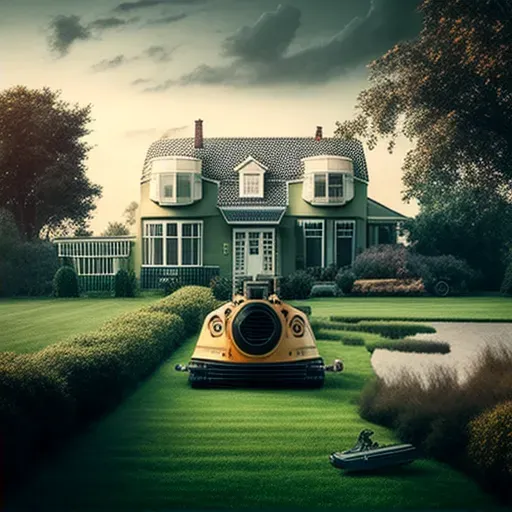 Suburban house with hovercraft in driveway and robot mowing lawn - Image 2