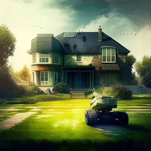 Suburban house with hovercraft in driveway and robot mowing lawn - Image 3