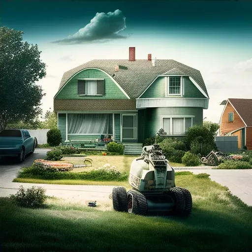 Suburban house with hovercraft in driveway and robot mowing lawn - Image 4