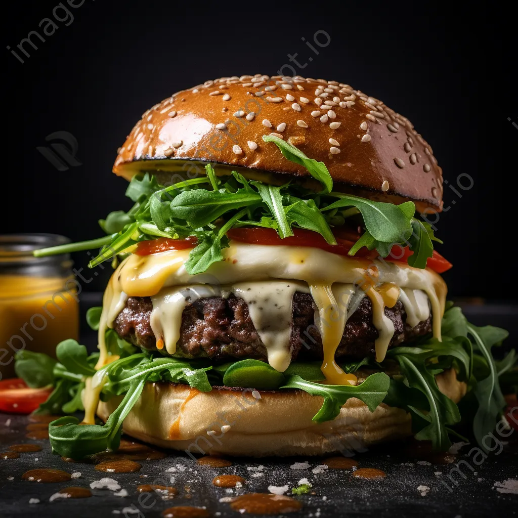 Close-up of a gourmet burger with cheese and arugula - Image 1