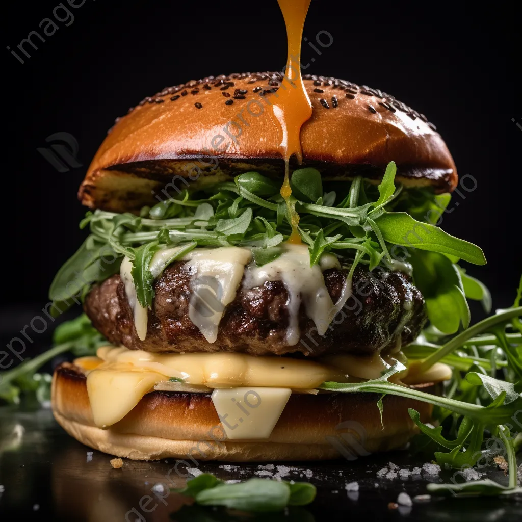 Close-up of a gourmet burger with cheese and arugula - Image 2