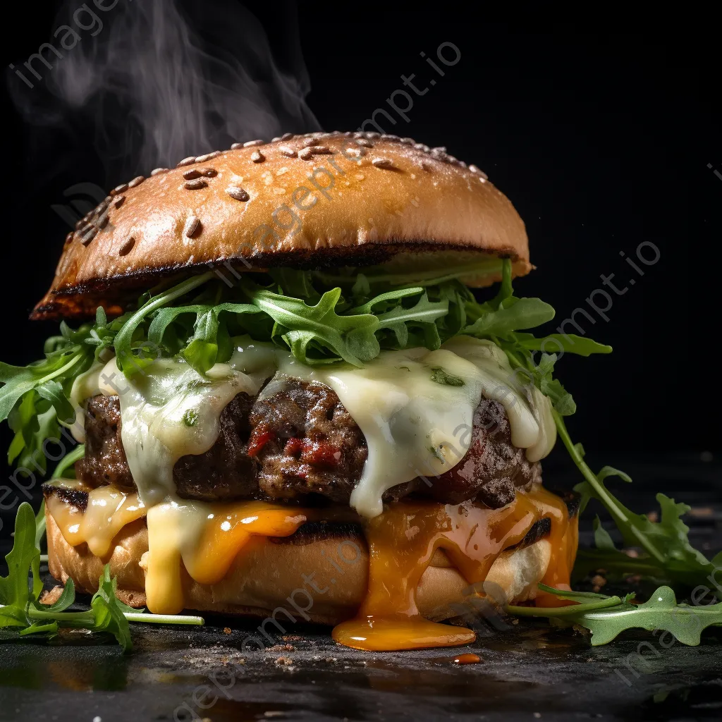 Close-up of a gourmet burger with cheese and arugula - Image 3