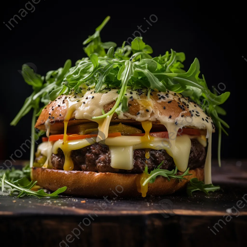 Close-up of a gourmet burger with cheese and arugula - Image 4