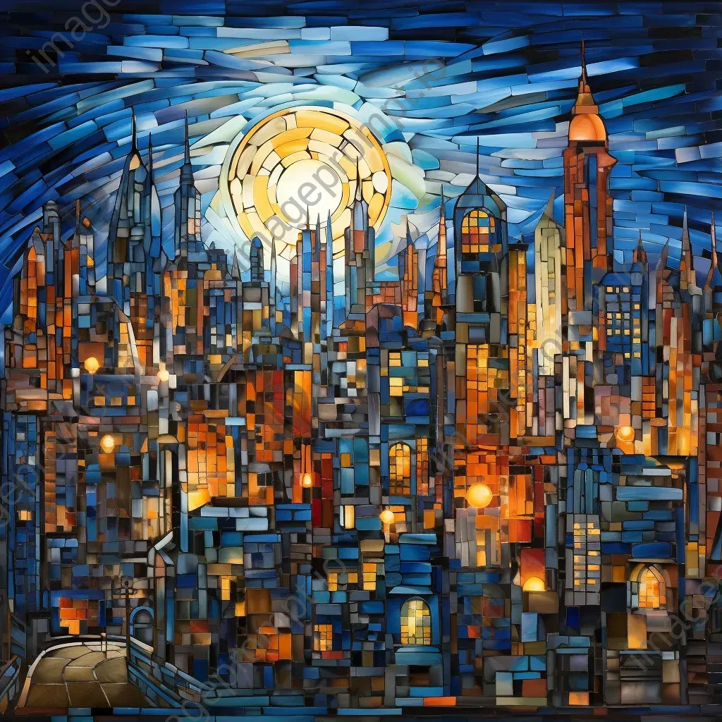 Twilight cityscape crafted from glowing recycled glass, in the style of Cubism - Image 1