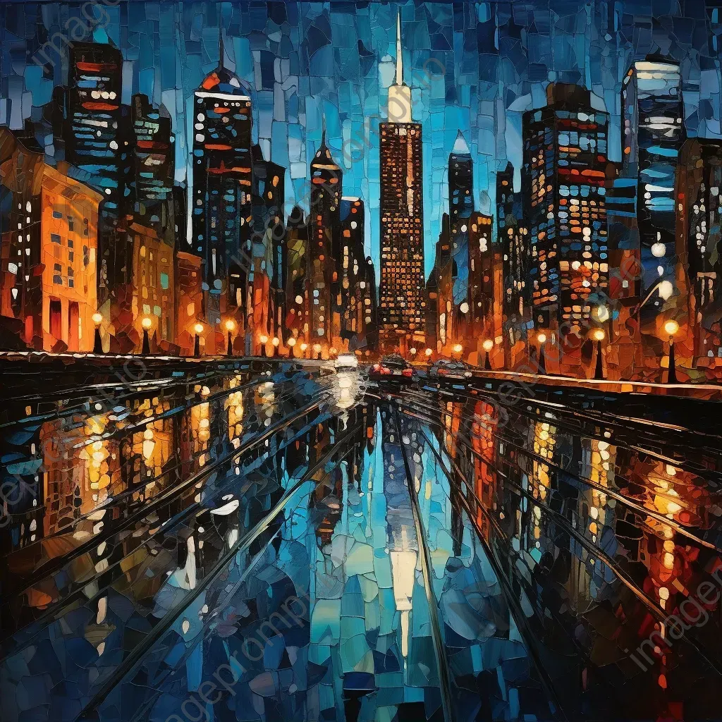 Twilight cityscape crafted from glowing recycled glass, in the style of Cubism - Image 2