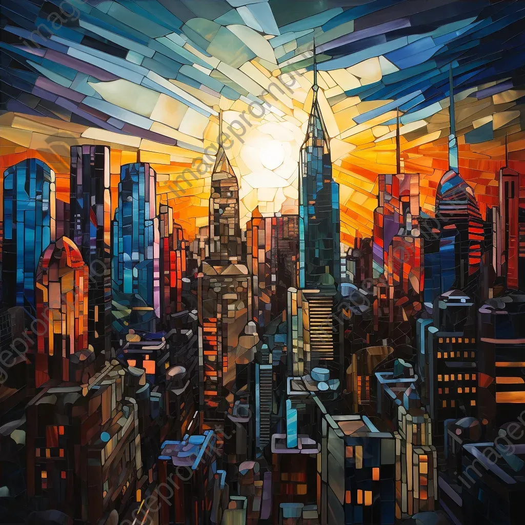 Twilight cityscape crafted from glowing recycled glass, in the style of Cubism - Image 4