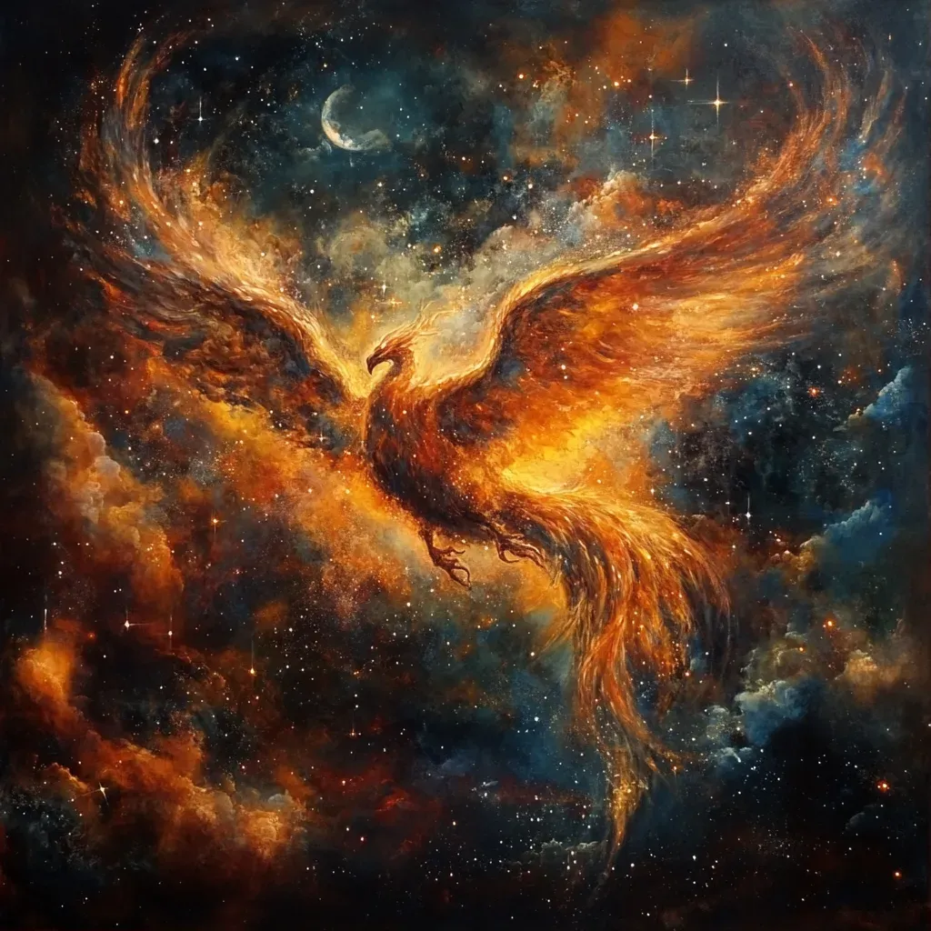 A fiery cosmic phoenix rising, depicting the continuous cycle of stellar death and rebirth - Image 1