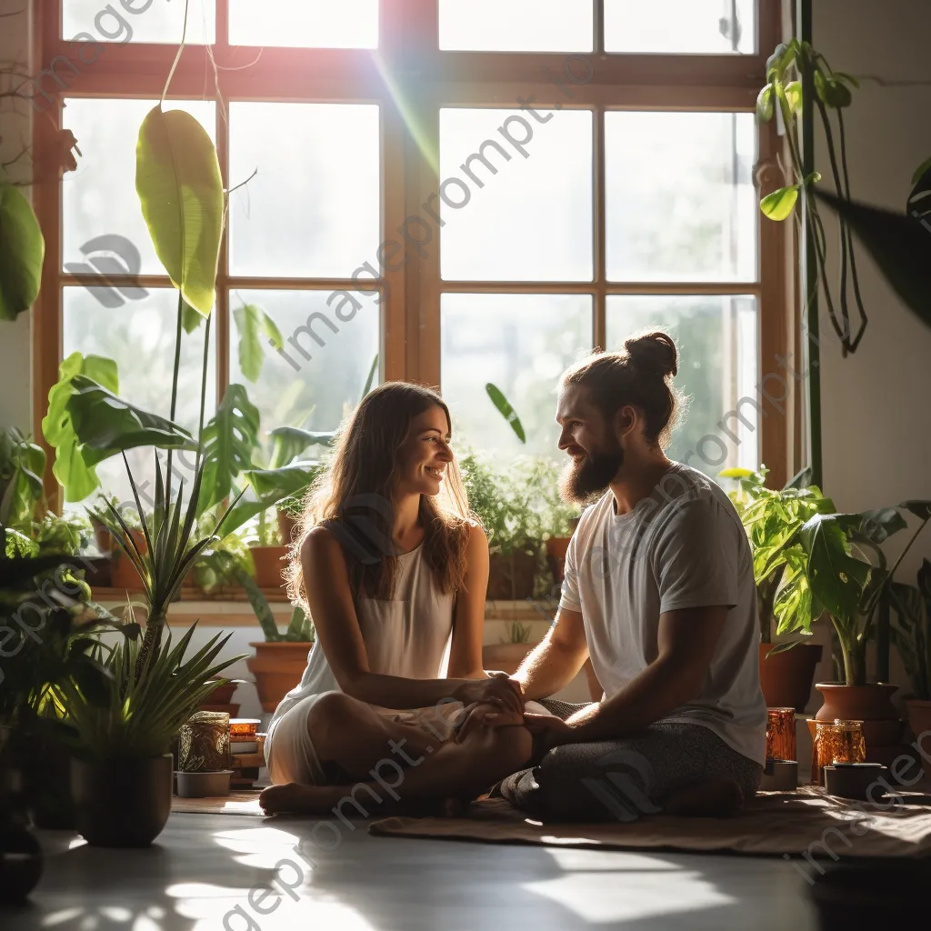 Couple doing partner yoga poses in a studio - Image 1