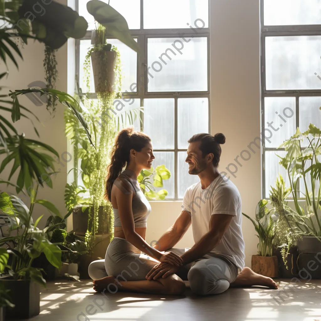 Couple doing partner yoga poses in a studio - Image 2