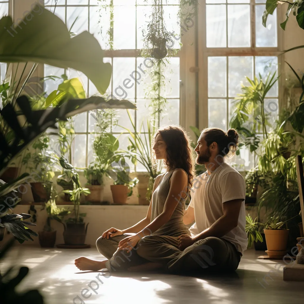 Couple doing partner yoga poses in a studio - Image 3