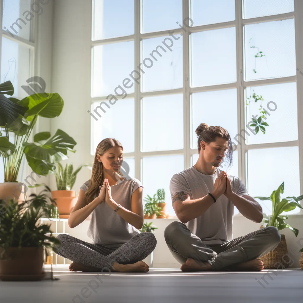 Couple doing partner yoga poses in a studio - Image 4