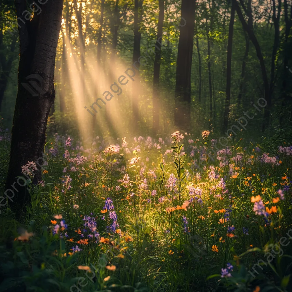 Forest understory covered with blooming wildflowers and buzzing bees. - Image 1