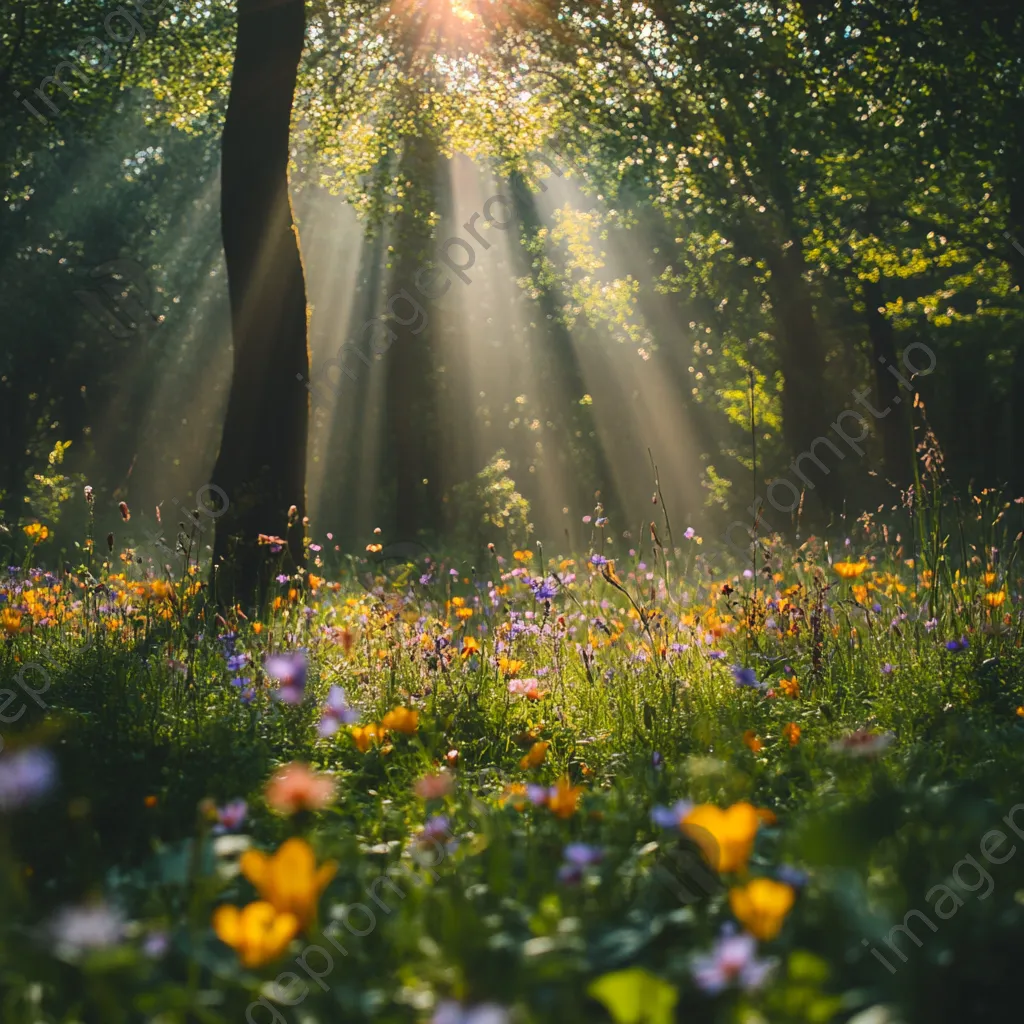 Forest understory covered with blooming wildflowers and buzzing bees. - Image 2