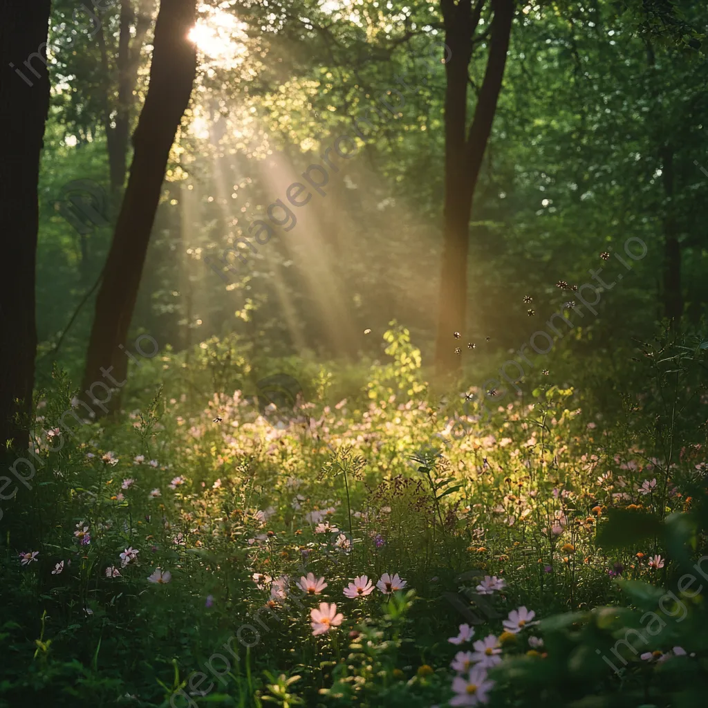 Forest understory covered with blooming wildflowers and buzzing bees. - Image 4