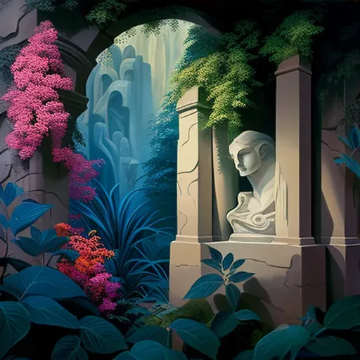 Lush secret garden within ancient ruin with vibrant flowers and towering trees - Image 3