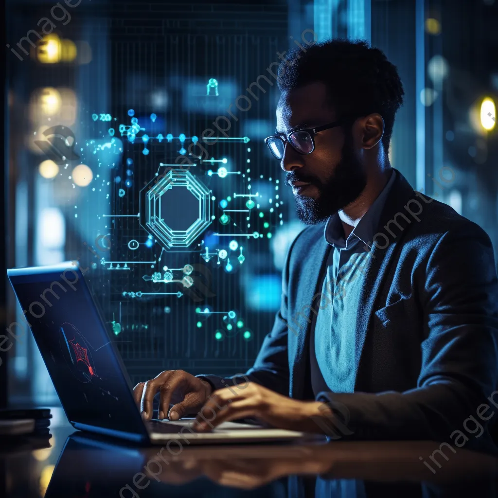 Cybersecurity expert analyzing sensitive data on a laptop with digital security icons - Image 1