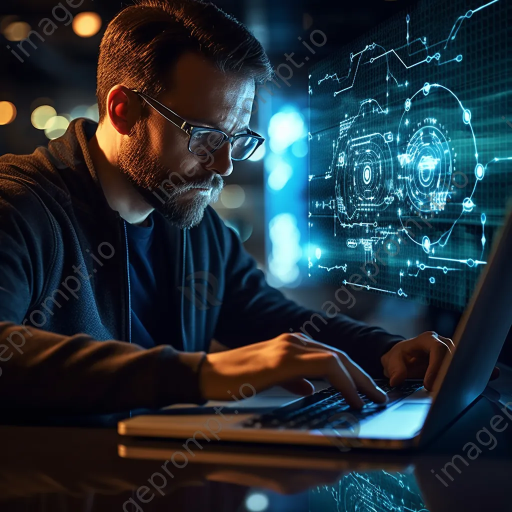 Cybersecurity expert analyzing sensitive data on a laptop with digital security icons - Image 2