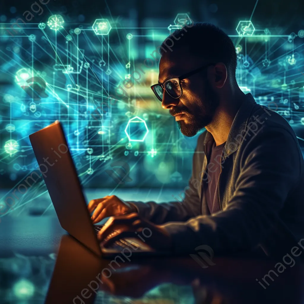 Cybersecurity expert analyzing sensitive data on a laptop with digital security icons - Image 4