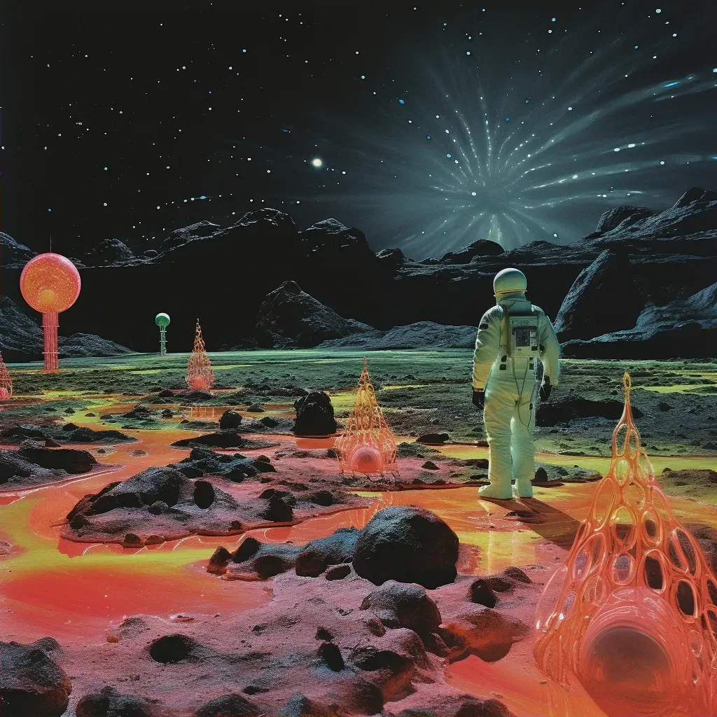 Scientist exploring neon-colored alien landscape under starry extraterrestrial sky - Image 2