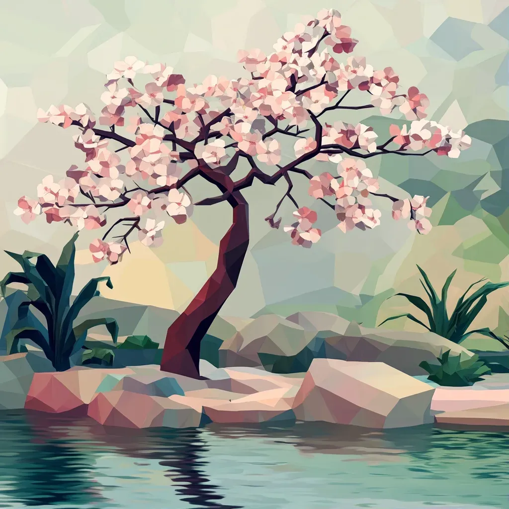 Tranquil, low poly depiction of a garden with a blossoming cherry tree - Image 1