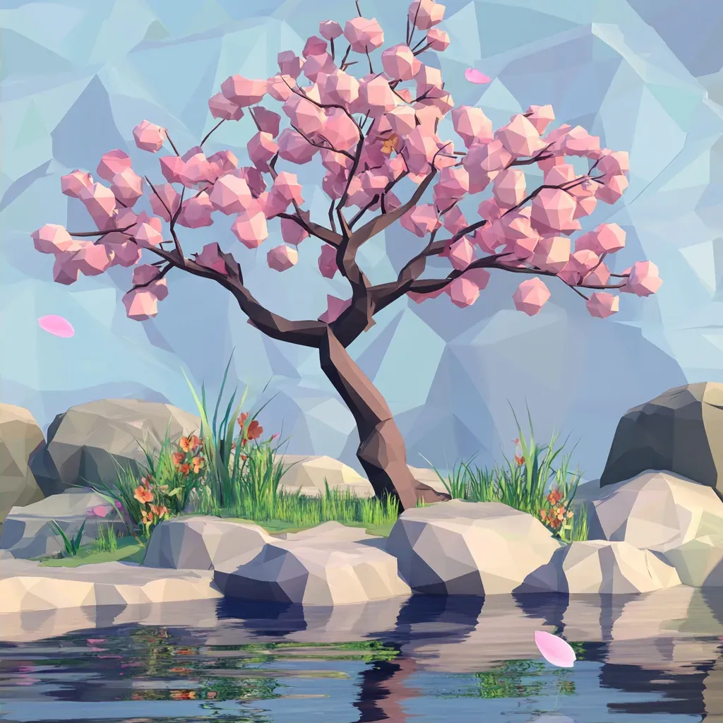 Tranquil, low poly depiction of a garden with a blossoming cherry tree - Image 2