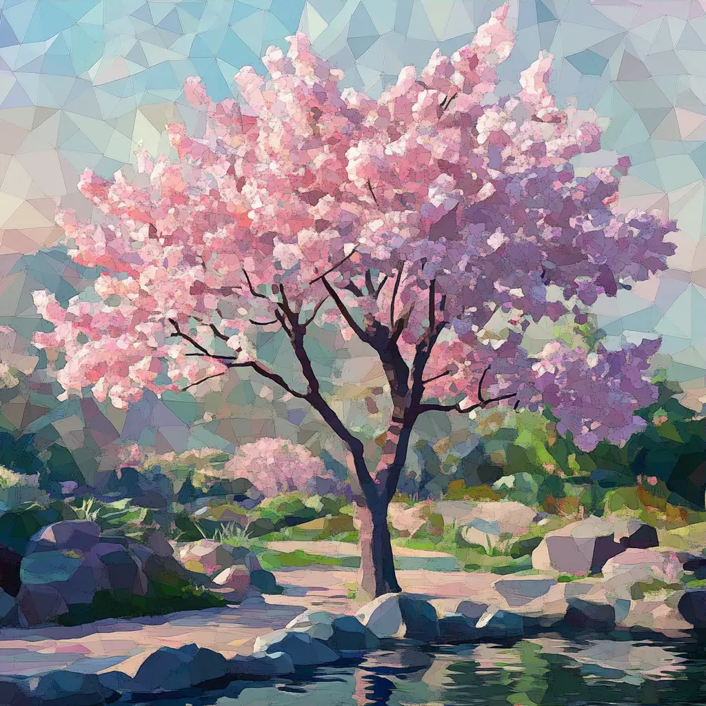 Tranquil, low poly depiction of a garden with a blossoming cherry tree - Image 3