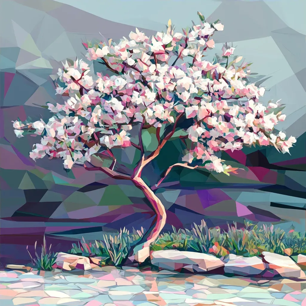 Tranquil, low poly depiction of a garden with a blossoming cherry tree - Image 4