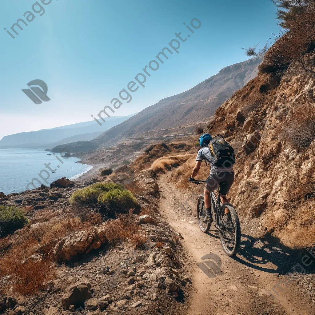 Cyclist riding downhill on a rocky path with cliffs appearing in the distance. - Image 3