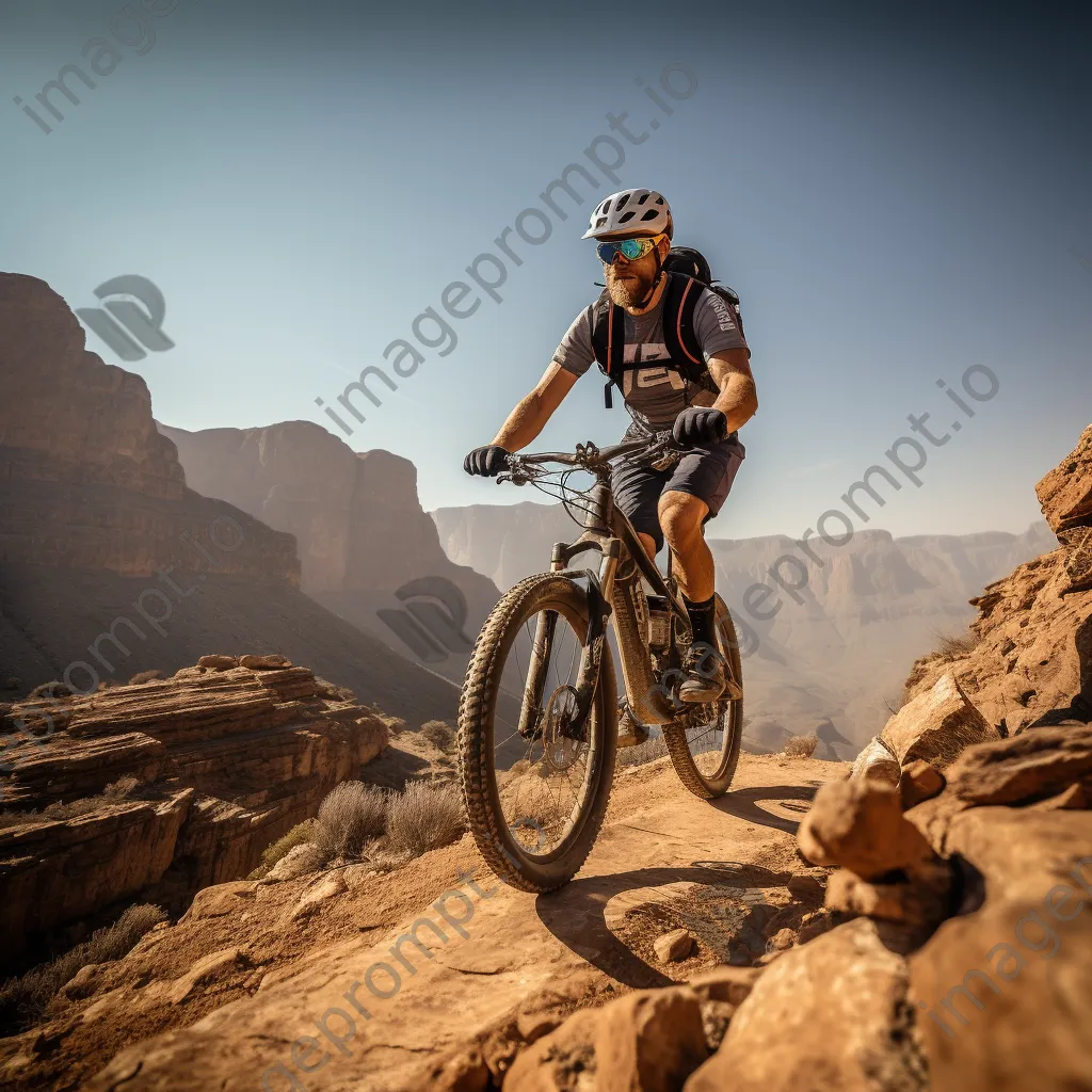 Cyclist riding downhill on a rocky path with cliffs appearing in the distance. - Image 4