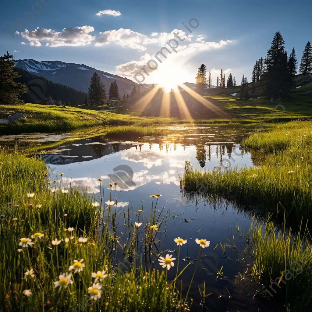 Tranquil alpine meadow reflecting a sky in a pond surrounded by wildflowers. - Image 1