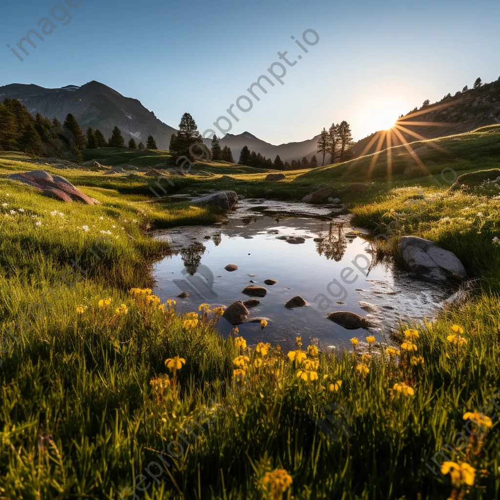 Tranquil alpine meadow reflecting a sky in a pond surrounded by wildflowers. - Image 2