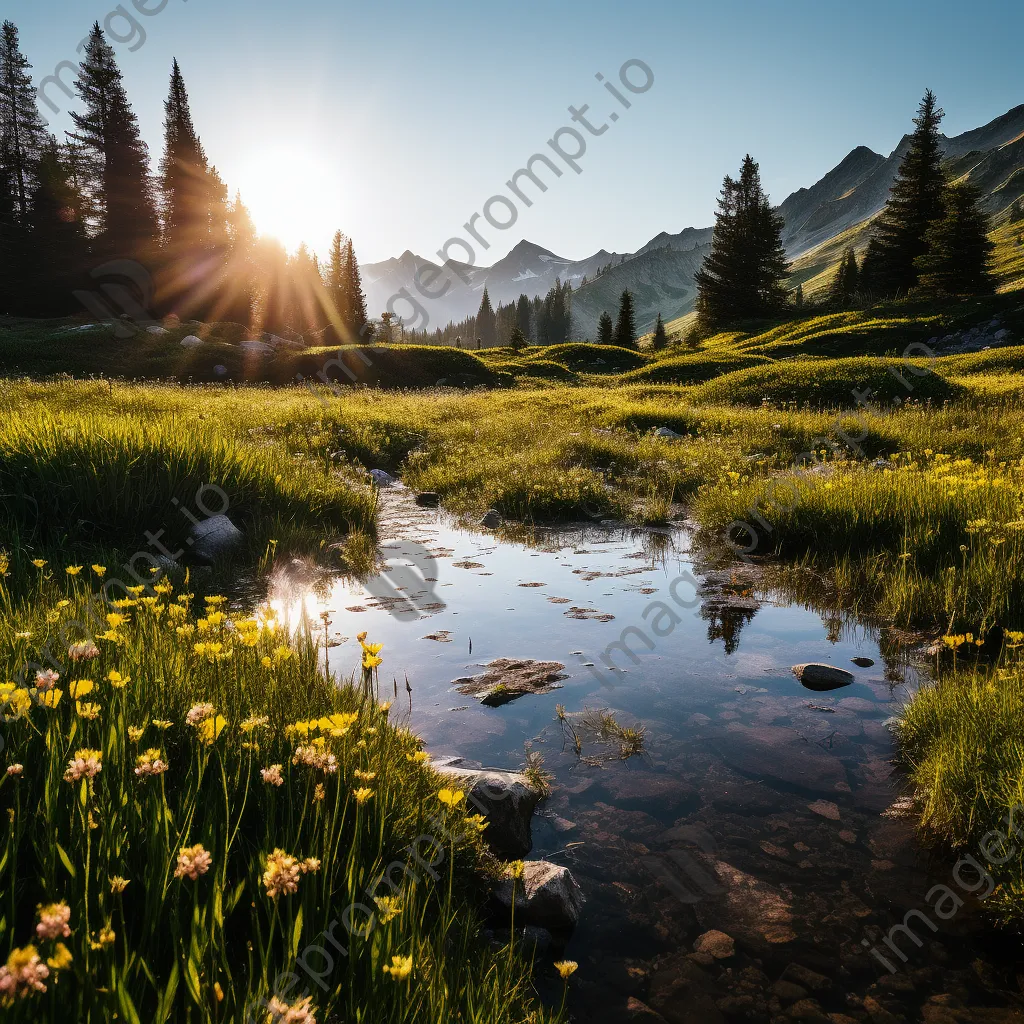 Tranquil alpine meadow reflecting a sky in a pond surrounded by wildflowers. - Image 3