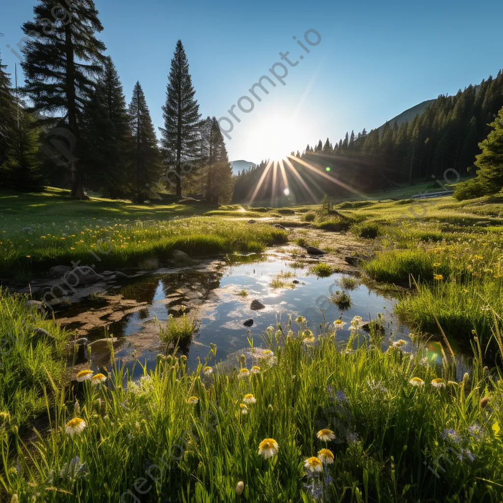 Tranquil alpine meadow reflecting a sky in a pond surrounded by wildflowers. - Image 4