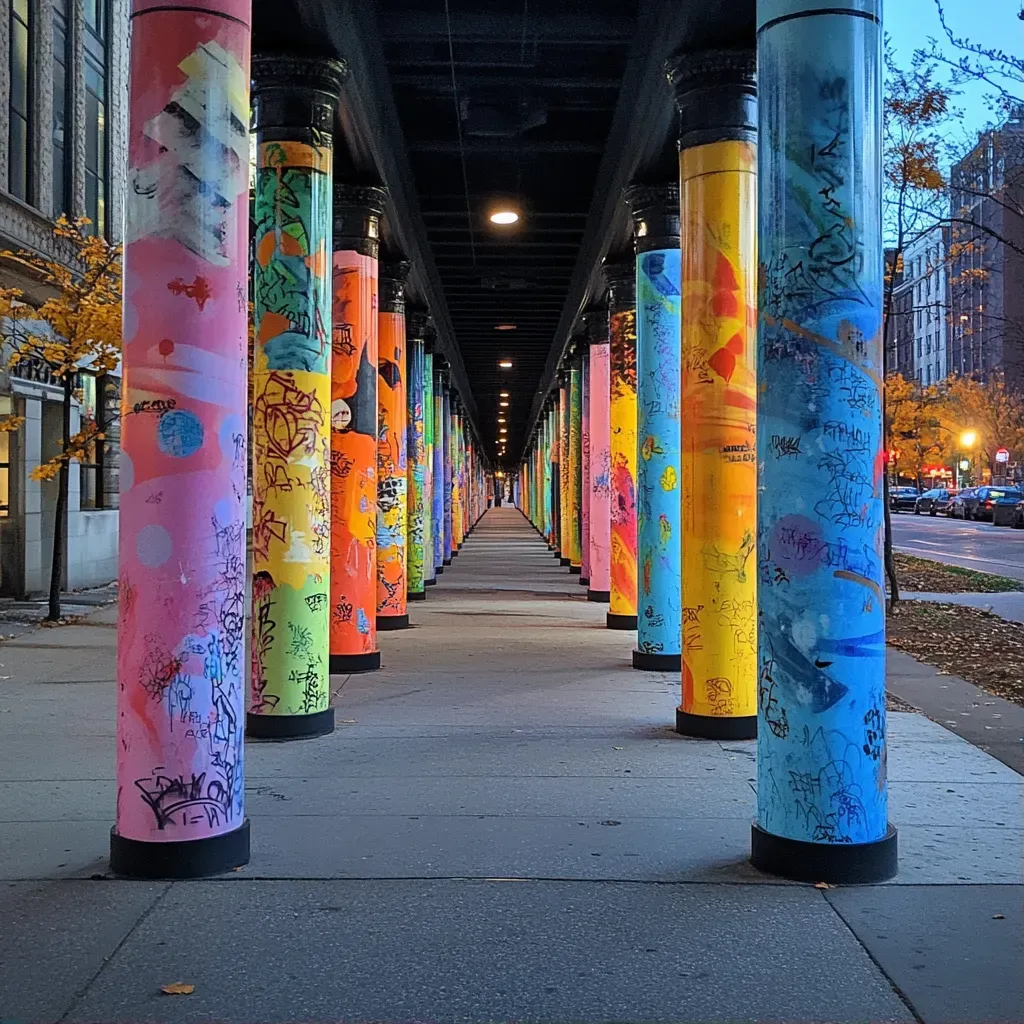 City sidewalk with towering graffiti-painted pillars transitioning from dawn to midnight hues - Image 1