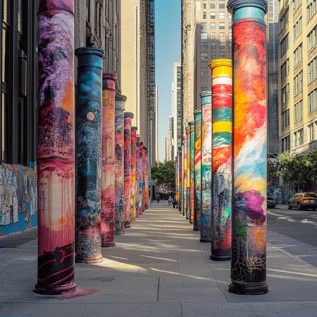 City sidewalk with towering graffiti-painted pillars transitioning from dawn to midnight hues - Image 2